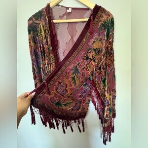 Hand Beaded Velvet and Mesh Shaw Open Blouse